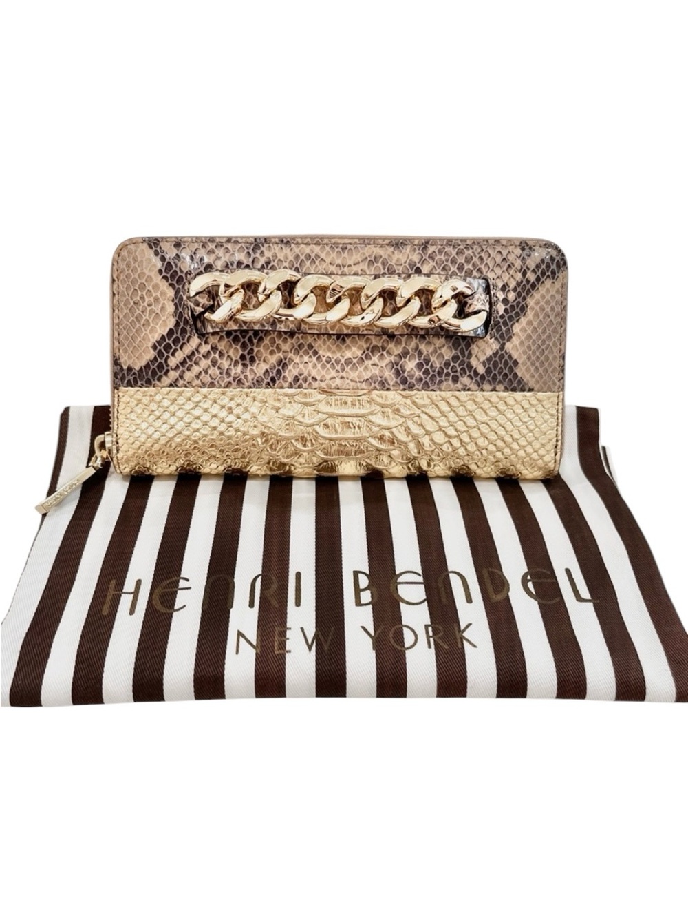 Henri Bendel- Gold and Brown Snake-Print Chain Zip Wallet